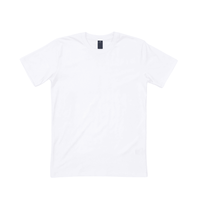 A white t-shirt featuring short sleeves and a simple crew neck, with a small brand logo on the tag.