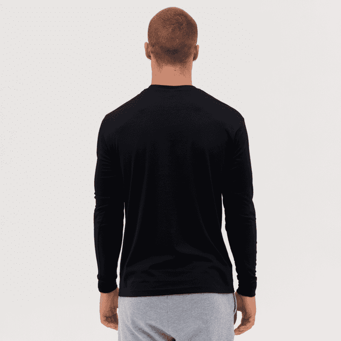 A black long sleeve tee displayed from the back, featuring a smooth fabric and athletic fit.