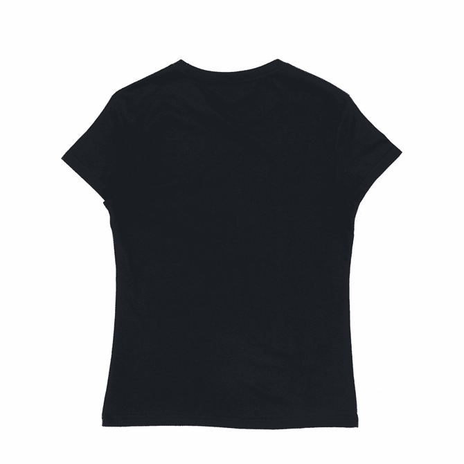 A women's black surf/essential tee featuring short sleeves and a fitted design, with a logo on the back.