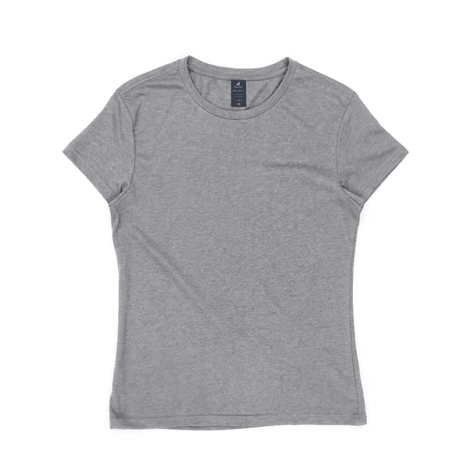 A grey women's tee with short sleeves and a round neckline, featuring a branding label.