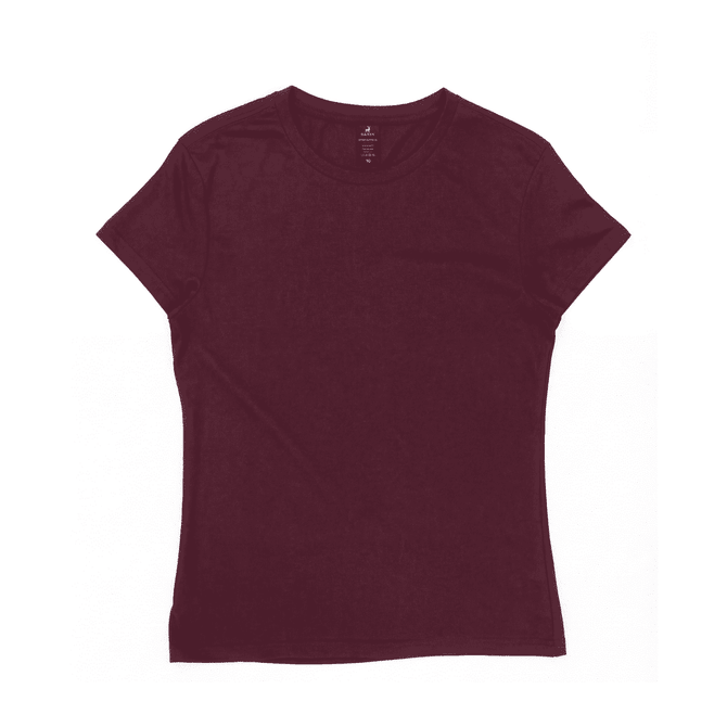 A maroon women's essential tee with a fitted shape, featuring a back label and a small logo.