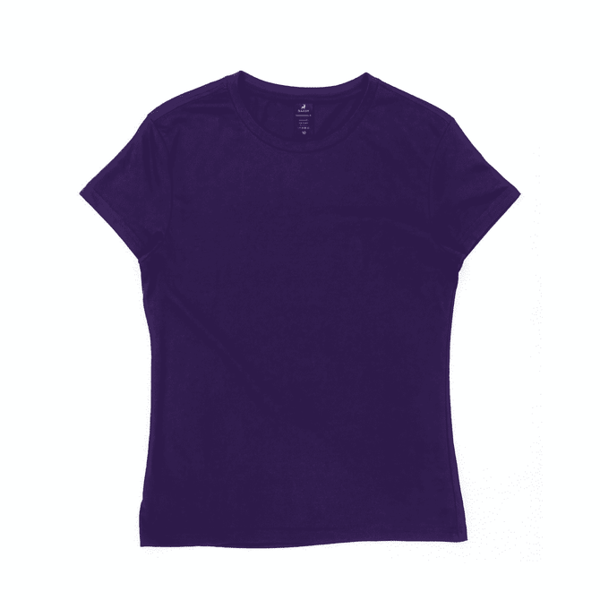 A purple women's surf tee with short sleeves, featuring a logo on the interior neck.