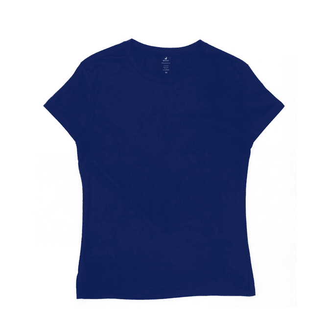 A women's essential tee in navy blue with short sleeves. The tee features a simple design and has a branded label.