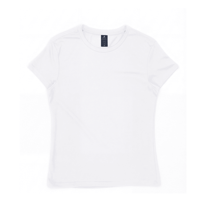 A white women's surf tee displayed flat. The shirt has a logo on the collar area.
