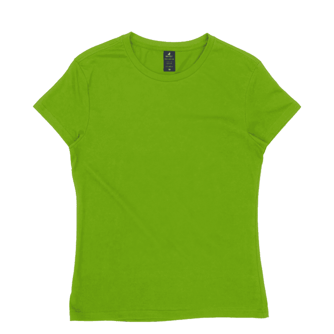 A bright green women's essential tee with a fitted design and short sleeves, featuring a logo on the neckline.