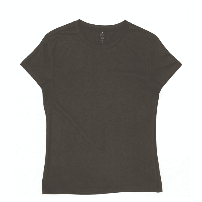A women's essential tee in a dark grey colour, featuring a casual fit and a logo on the label.