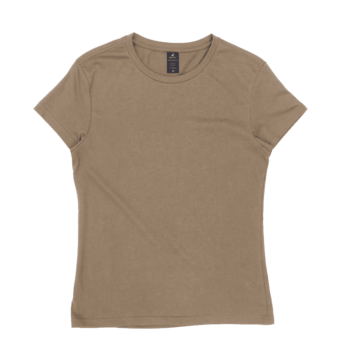 A women's essential tee in a light brown shade with short sleeves and a subtle logo.