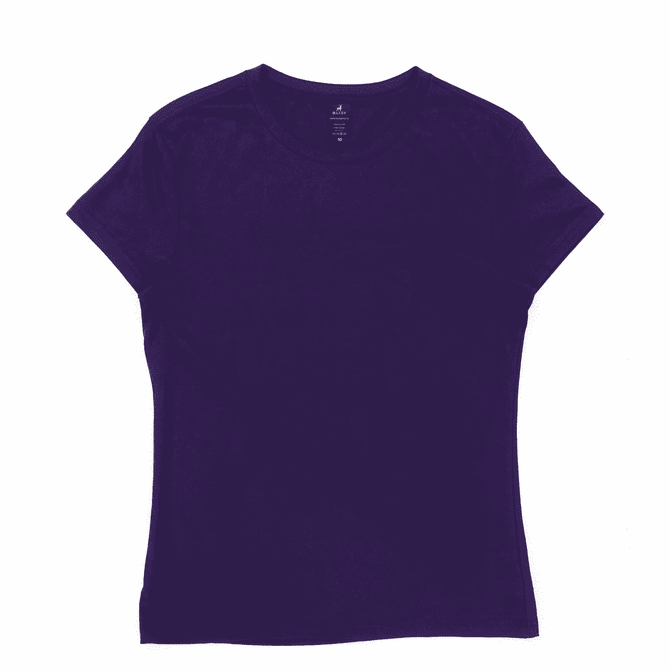 A purple women's t-shirt with short sleeves and a fitted style. It features a logo on the inside label.