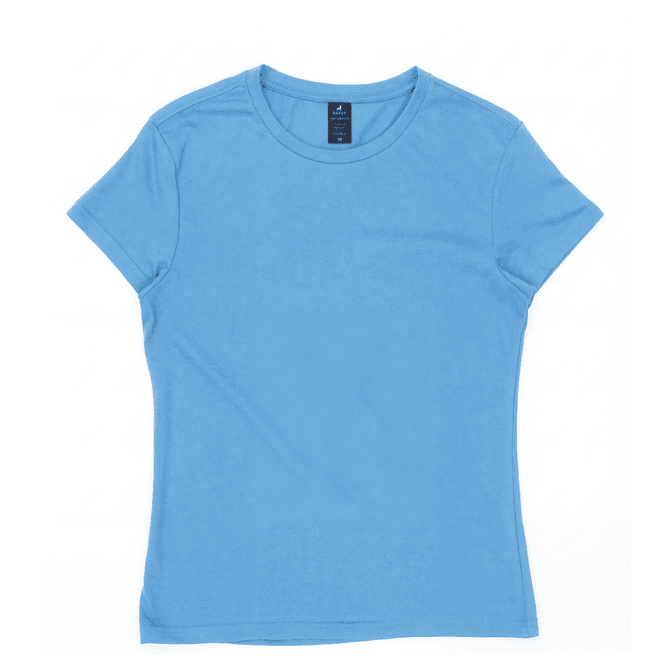 A blue women's essential tee with a round neckline and short sleeves, featuring a logo on the tag.