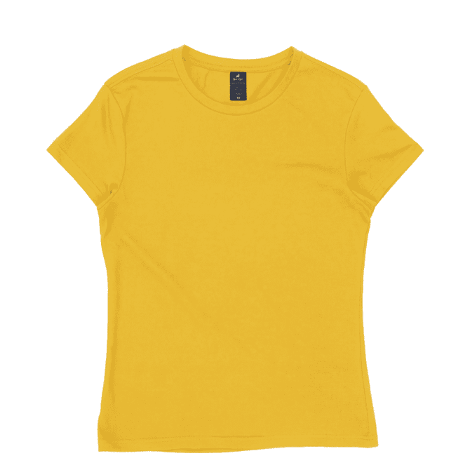A yellow women's t-shirt with a fitted design and a logo on the neckline.
