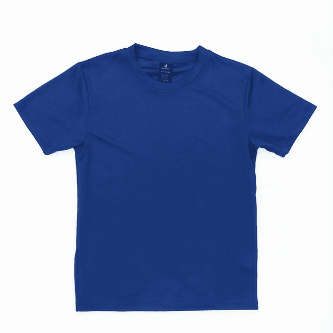 A blue youth tee featuring a crew neckline and short sleeves, with a logo on the label.