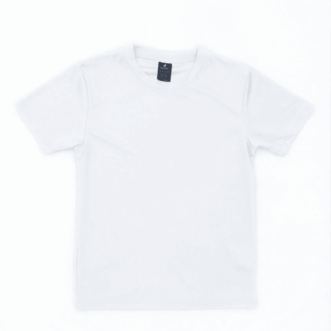 A white youth tee shirt featuring a label and no additional graphics or designs.