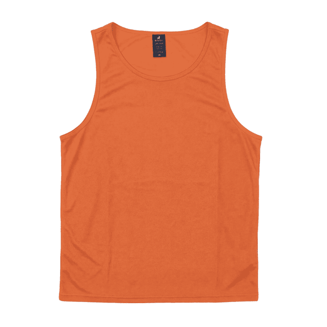 An orange singlet featuring a round neckline and no sleeves, with a logo on the label.
