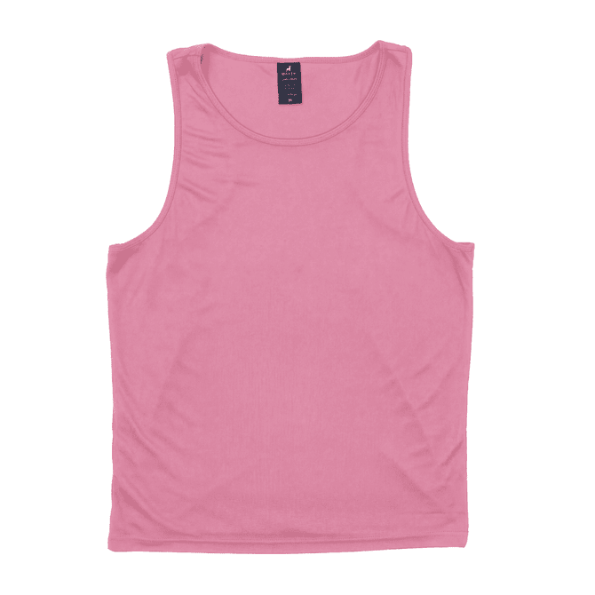 A pink singlet featuring a neckline and a label at the top. The fabric appears smooth and lightweight.