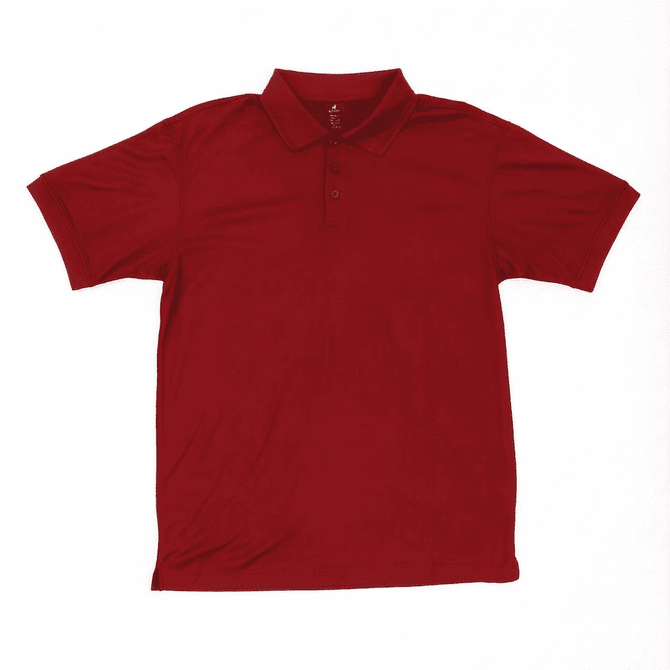 A red polo shirt featuring a collar and three buttons, with a logo on the upper part.