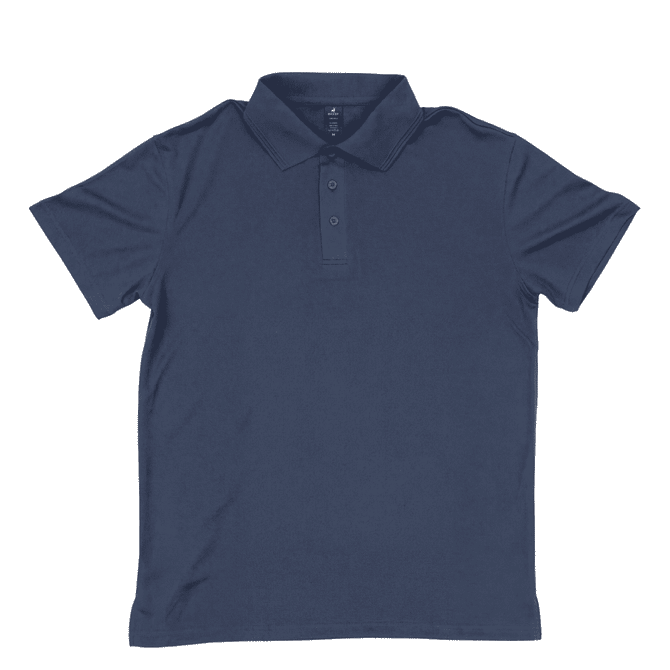 A navy polo shirt featuring a classic collar and button placket, with a logo on the chest.