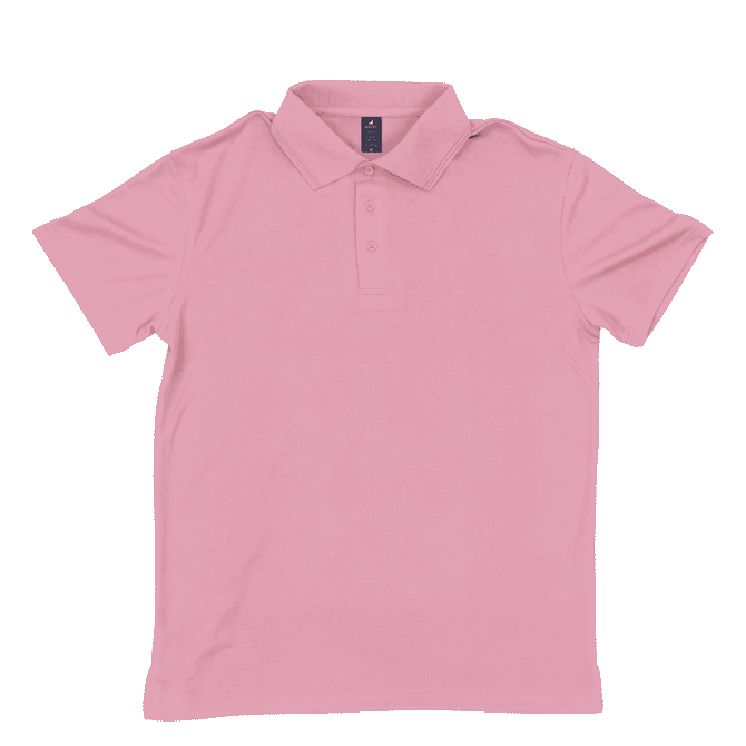 A pink polo shirt with a collar and a logo on the chest. Suitable for casual wear.