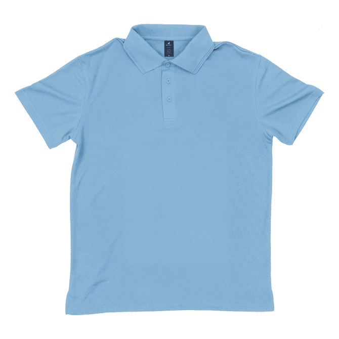 A light blue polo shirt with a collar and three buttons, featuring a logo on the chest area.