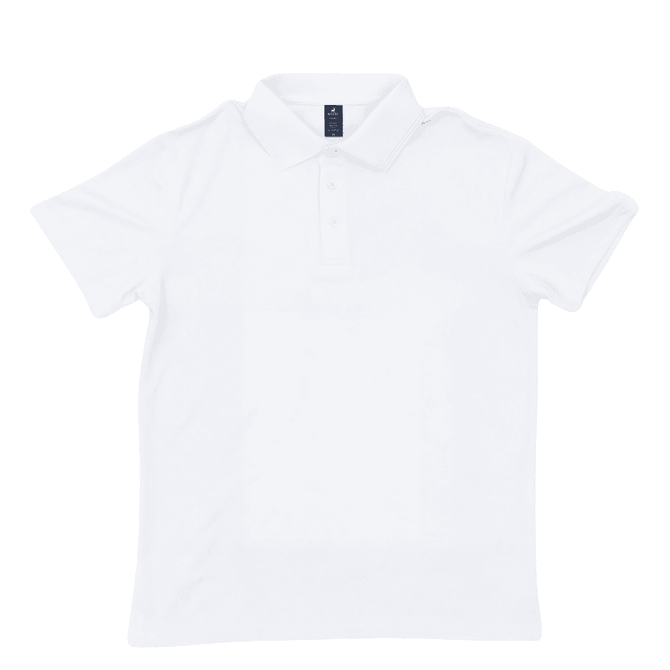 A white polo shirt featuring a collar and three buttons, with a small logo on the chest.