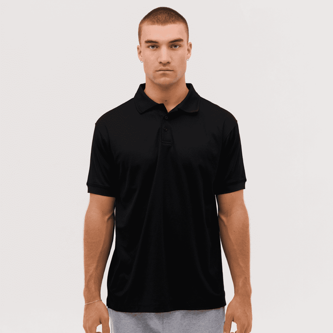 A black polo shirt with a collar and short sleeves, featuring a logo on the chest.