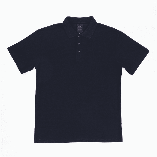 A navy polo shirt with a collar and button placket, featuring a small logo on the chest.