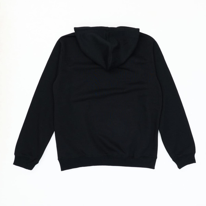 A black hoodie with a hood, featuring long sleeves and a plain back design.