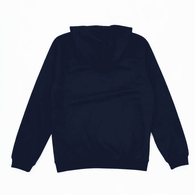 A navy hoodie featuring a hood and long sleeves, with a simple, unembellished design. It has a logo on the front.