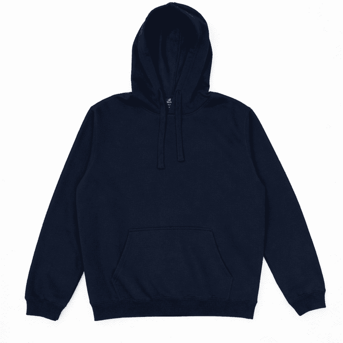 A navy blue hoodie with a front pocket and drawstring hood, featuring a logo.
