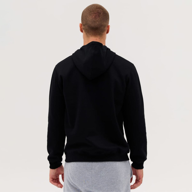 A black hooded sweatshirt viewed from the back, featuring a simple design and a hood.