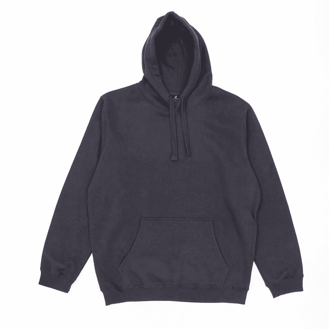 A dark grey hoodie with a front pocket and adjustable drawstring hood. Includes a logo.