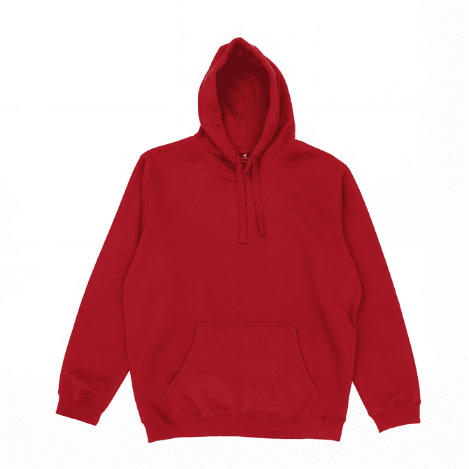 A red hoodie with a front pocket and drawstrings on the hood. It has a simple design and includes a logo.