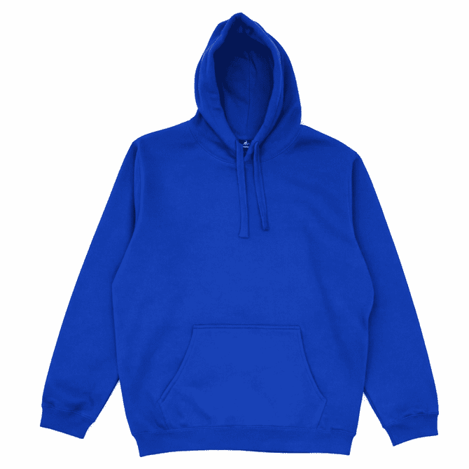 A bright blue hoodie featuring a front pocket and a drawstring hood. It has a logo on the front.