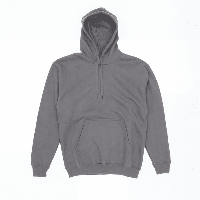 A grey hoodie featuring a front pouch pocket and a drawstring hood, with a simple design and no visible branding.