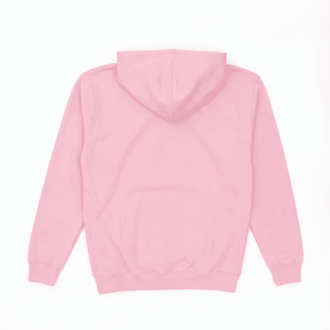 A pink hoodie featuring a hood and kangaroo pocket, displayed from the back. It has a logo on the fabric.