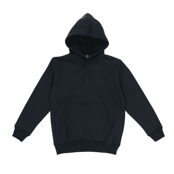 A black youth hooded sweatshirt with a front pocket and drawstring hood. It features a logo.