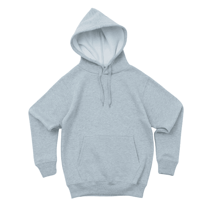 A light grey hoodie with a hood, long sleeves, and a front pocket. It features a logo on the design.