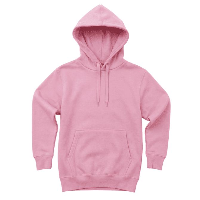 A pink hooded sweatshirt featuring a front pocket and drawstrings, with a small logo on the front.