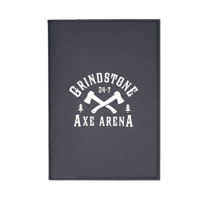 A refillable journal with a dark cover featuring a logo and graphic of crossed axes.