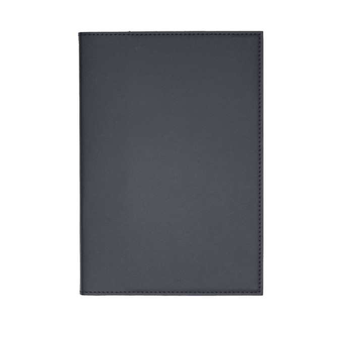 A dark grey leather refillable journal with a smooth finish and a subtle branding logo.