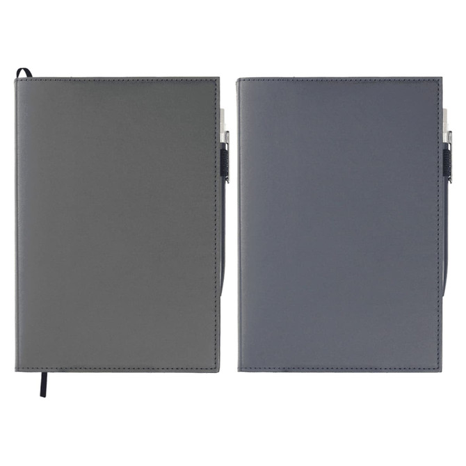 Two Mela Apple Leather refillable journals in grey and dark grey, each featuring a pen holder and a simple design.