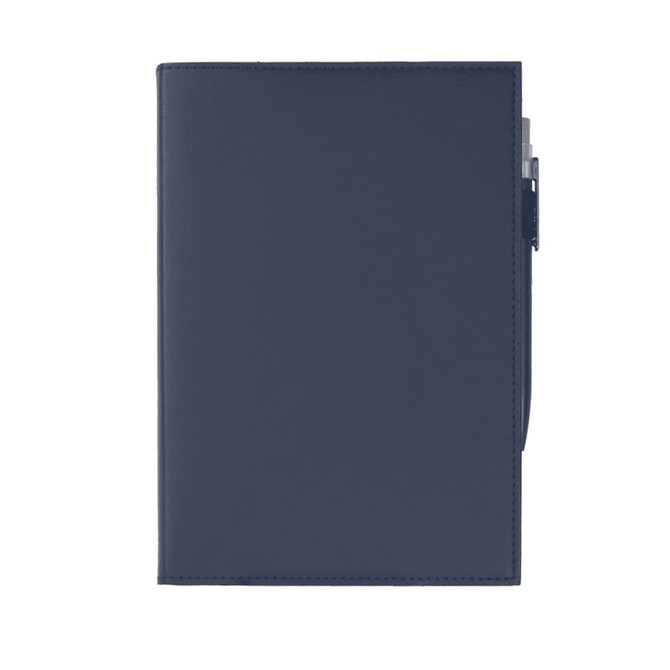 A navy blue Mela Apple Leather refillable journal with a pen holder and a logo on the cover.