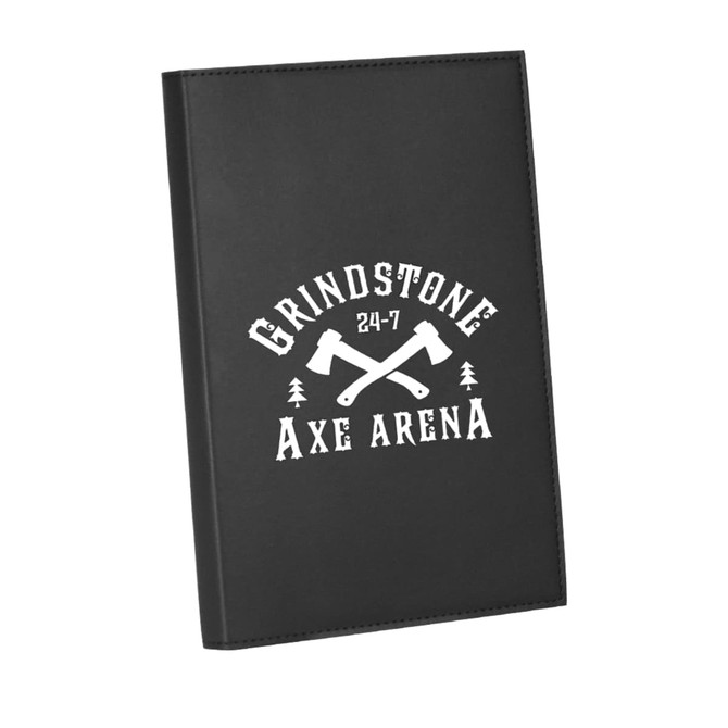 A black refillable journal featuring a design with crossed axes and a logo. It has a sleek leather-like finish.