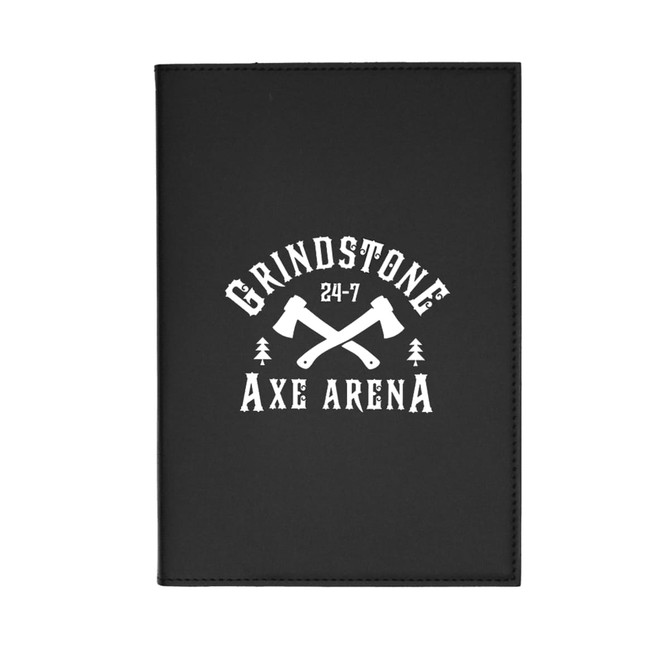 A black refillable journal featuring a logo with crossed axes and text. Ideal for office use or personal notes.