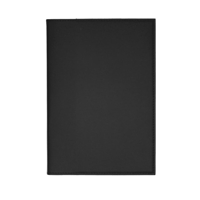 A black leather refillable journal with a smooth finish, featuring a simple design and a logo on the cover.