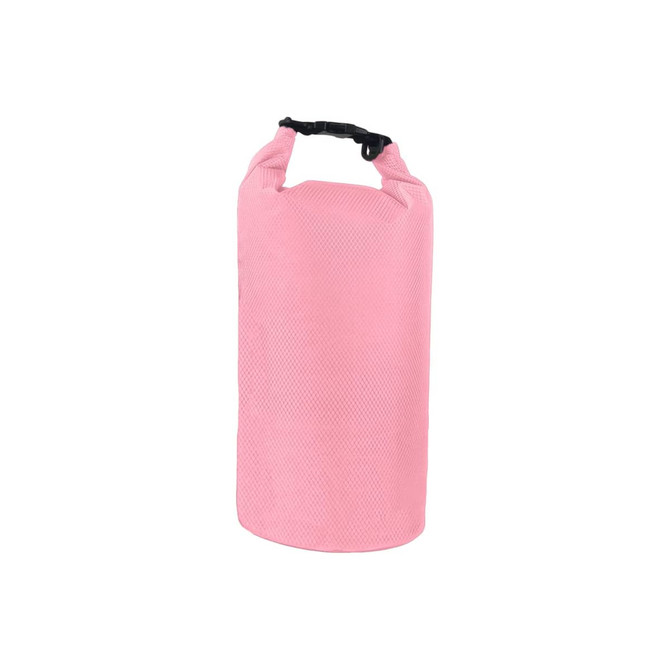 A pink Oxford cloth dry bag with a secure strap and buckle fastening, featuring a textured surface.
