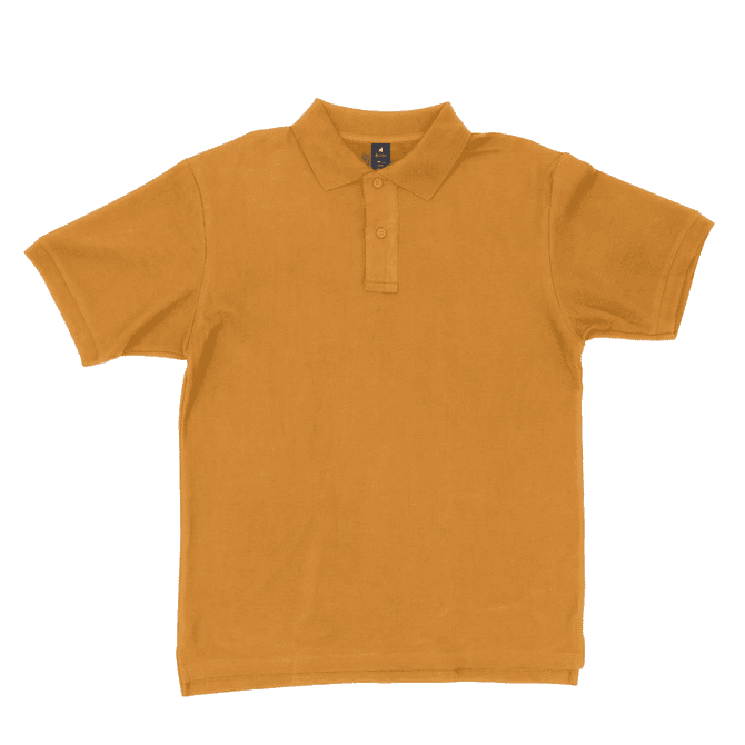 A short-sleeved polo shirt in a vibrant mustard yellow colour, featuring a collar and buttons. It has a logo.