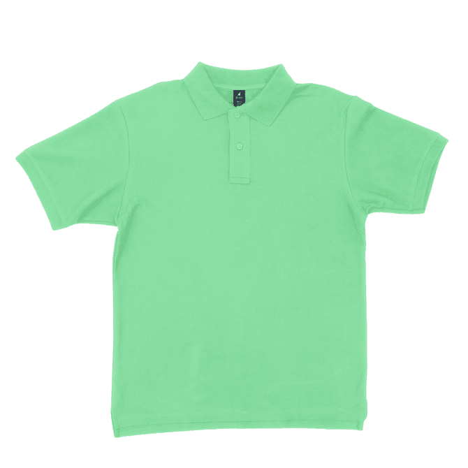 A green polo shirt with a three-button placket and a collar, featuring a small logo on the chest.