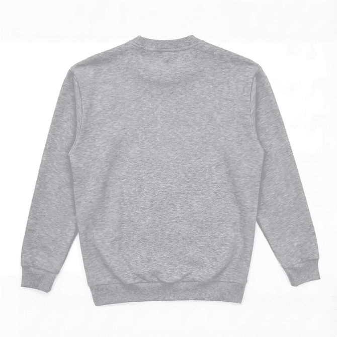 A grey crew sweatshirt with a rounded neckline and long sleeves, featuring ribbed cuffs and waist.