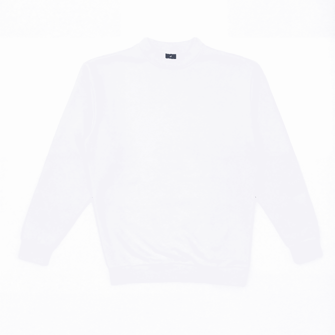 A white crew neck sweatshirt featuring long sleeves and a ribbed hem. It has a small logo on the neckline.