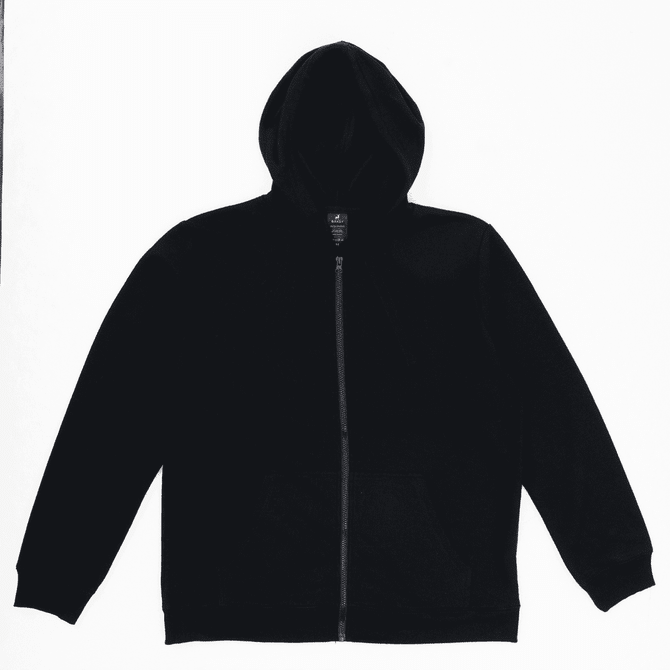 A black zip hoodie with a hood and front pockets, featuring a branding logo.